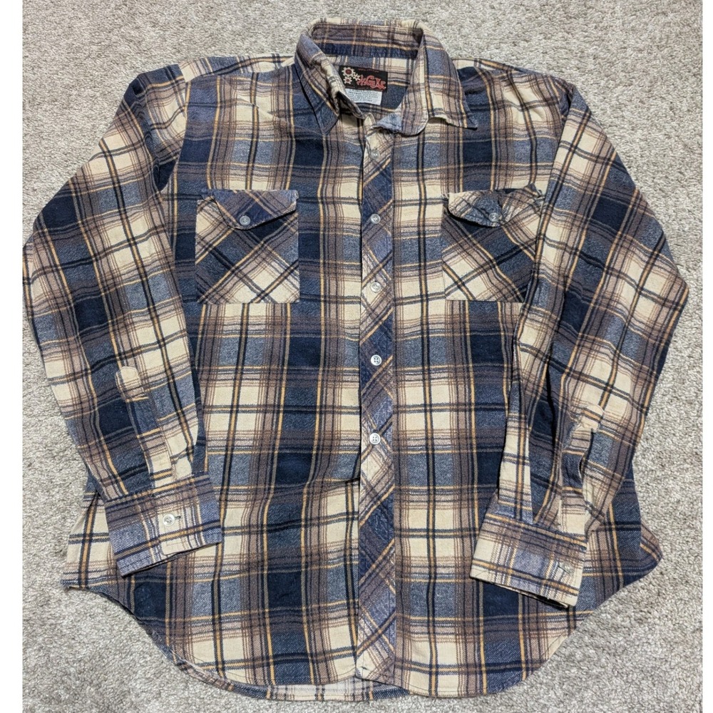 Hi Gear Flannel Shirt Mens‎ L Blue Tan Plaid Button Up Long Sleeve Workwear 90s